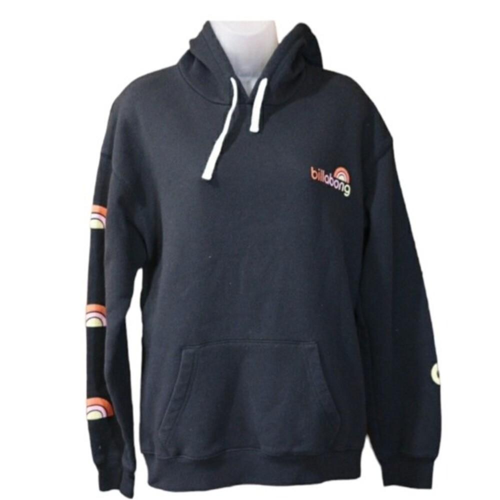 Billabong Black & Pastel Rainbow Spellout Sleeve Logo Ombre Pullover Hoodie LG